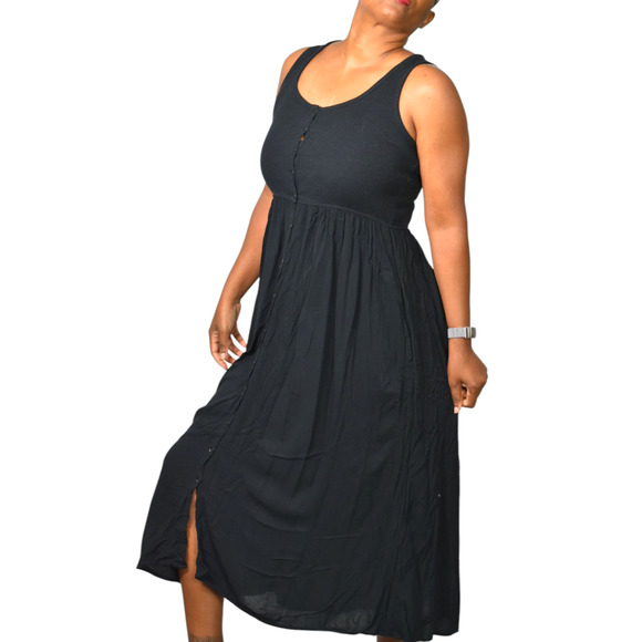 Frye Easy Button Front Dress Black Midi Minimalist Tank Jersey Pockets Rayon XS - Picture 3 of 16